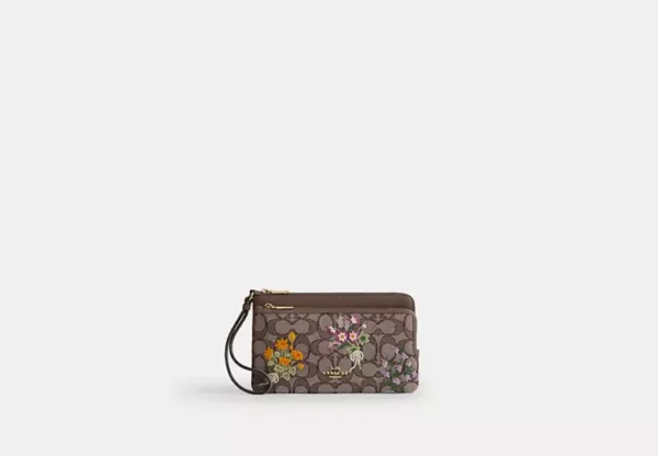 double zip wristlet in signature jacquard with floral embroidery