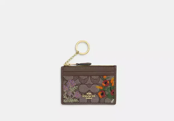 mini skinny id case in signature jacquard with floral embroidery
