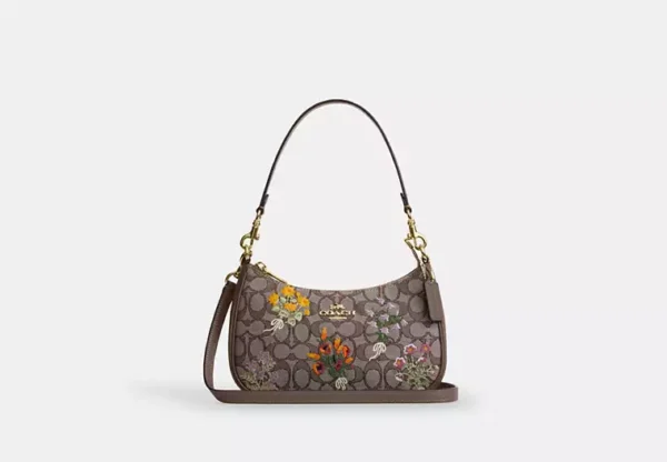 teri shoulder bag in signature jacquard with floral embroidery